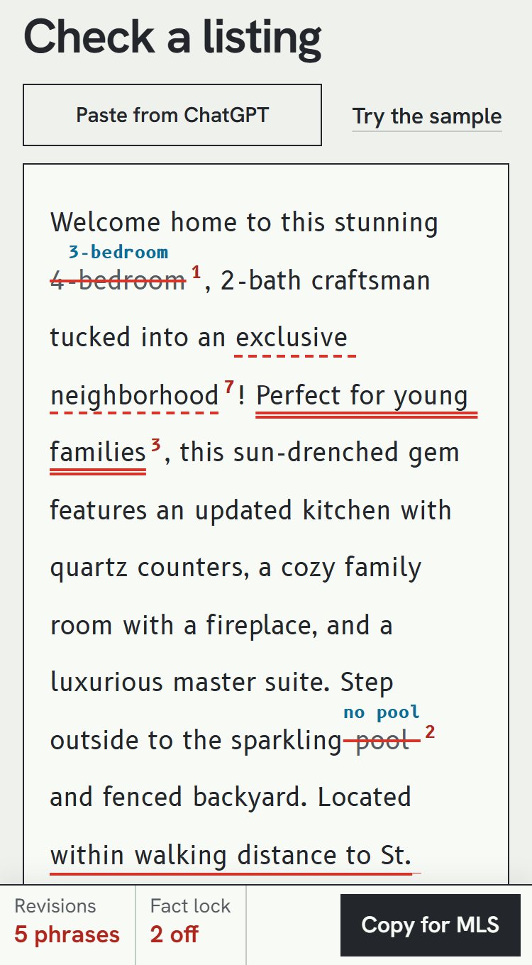 The ListingLint checker marking a listing draft: risky phrases underlined by severity, with the facts that don't match struck through.