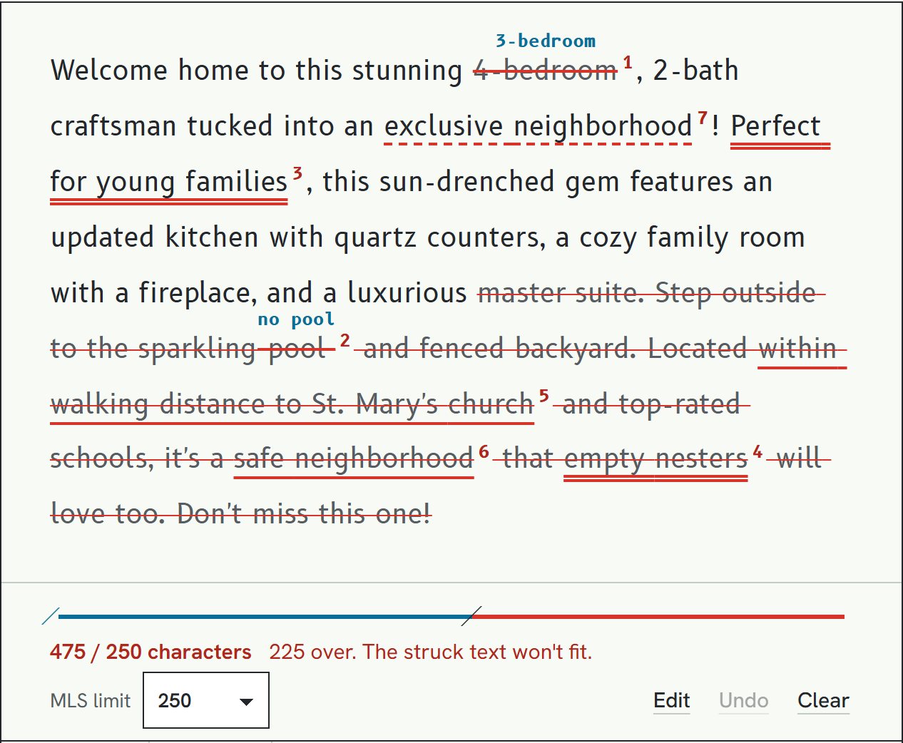 The MLS limit set to 250 characters. The dimension line under the draft reads 475 of 250, 225 over, in red, and the text past the limit is struck through.