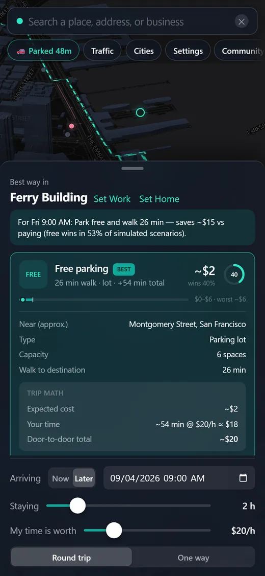 Spotless 'Plan your commute' screen: set your workplace with Set Work and Spotless plans your morning parking.
