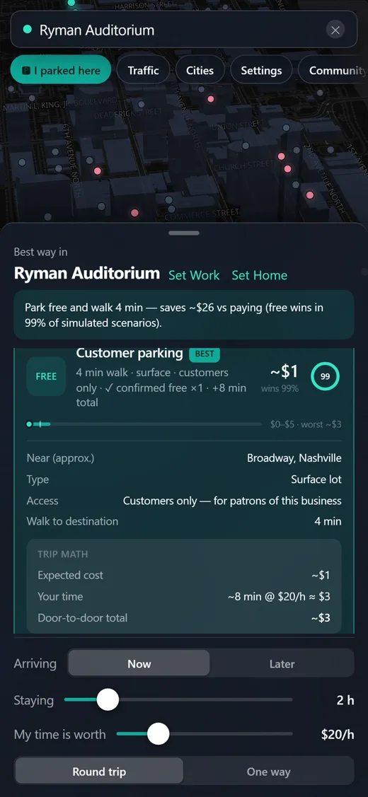 The Ryman Auditorium card, opened: park free and walk 4 minutes, saves about $26. The customer parking option costs about $1, with the trip math below.
