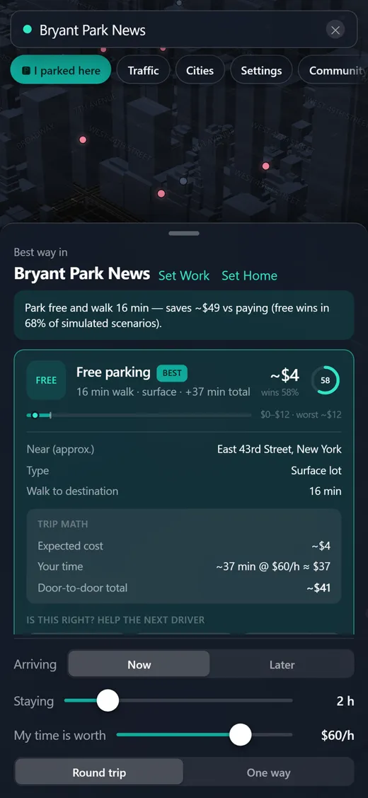 Spotless card for Bryant Park News in New York with the time slider at $60 an hour. A free lot with a 16 minute walk shows its time cost and door-to-door total.