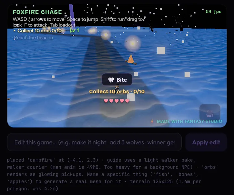 The rebuilt game with a campfire standing on the chosen spot, and the build log reading: placed 'campfire' at (-4.1, 2.3).