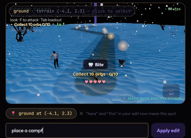 Inspect mode in the running Foxfire Chase game: a live readout says 'ground, terrain (-4.1, 2.3)', the spot is pinned and 'place a campf' is being typed into the edit box.