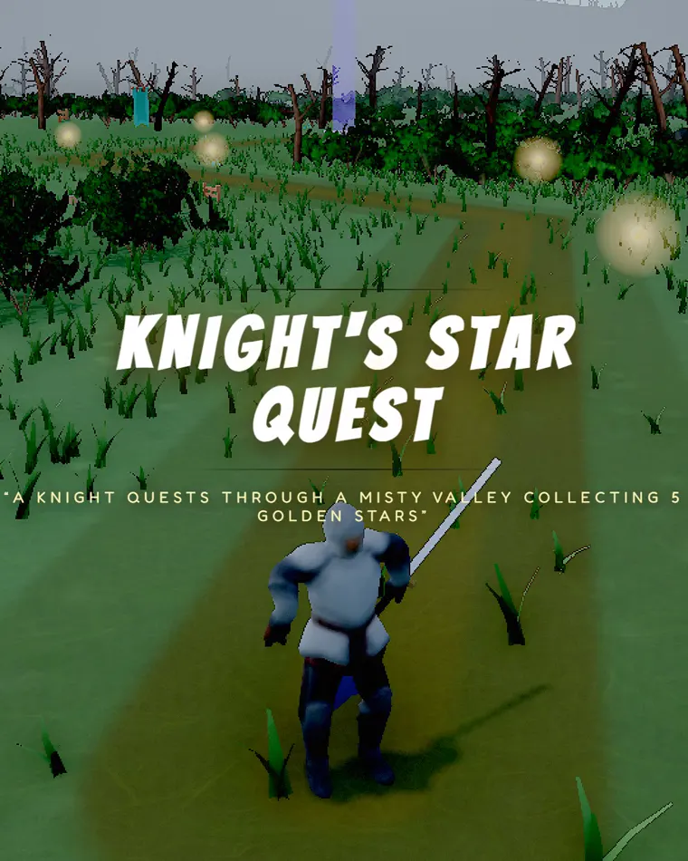 Knight's Star Quest, built with the Cartoon preset: an armored knight on a grassy path through a misty valley, with the quest 'find 5 golden stars'.