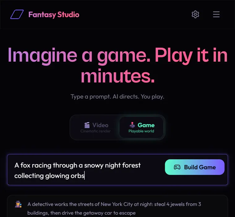 Fantasy Studio's Game mode with the sentence 'A fox racing through a snowy night forest collecting glowing orbs' typed into the prompt box next to the Build Game button.