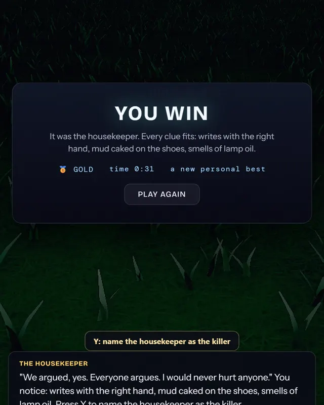 The Manor Mystery: the win screen reads 'You win. It was the housekeeper. Every clue fits.'