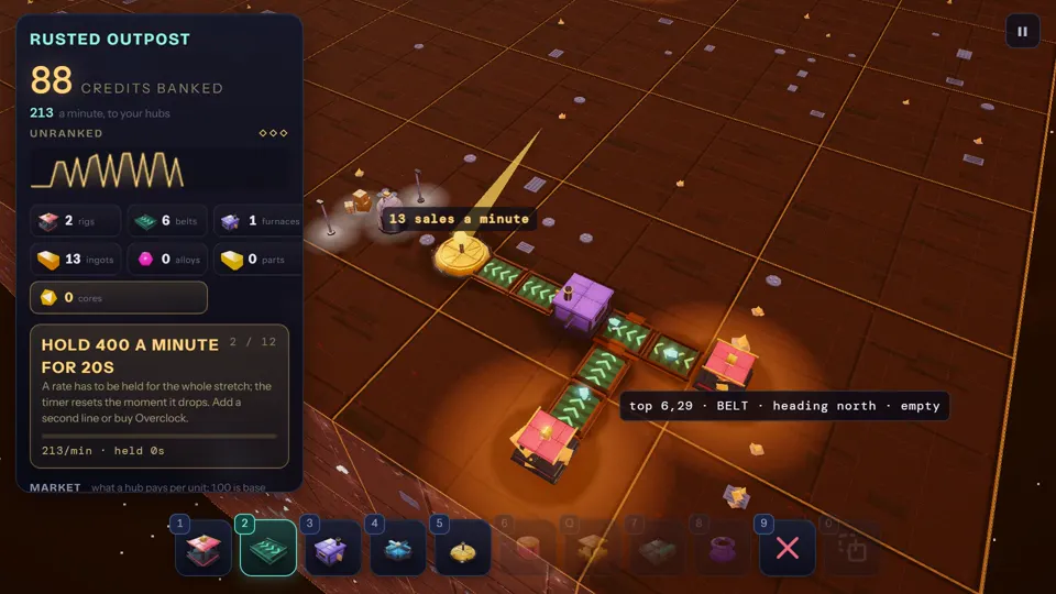 Rusted Outpost: mining rigs and conveyor belts carrying crystals across a glowing red moon.