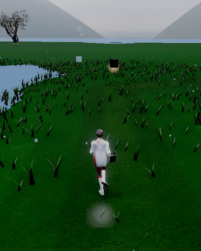 Swamp Samples: a scientist in a lab coat running across misty swamp grass toward a sample.