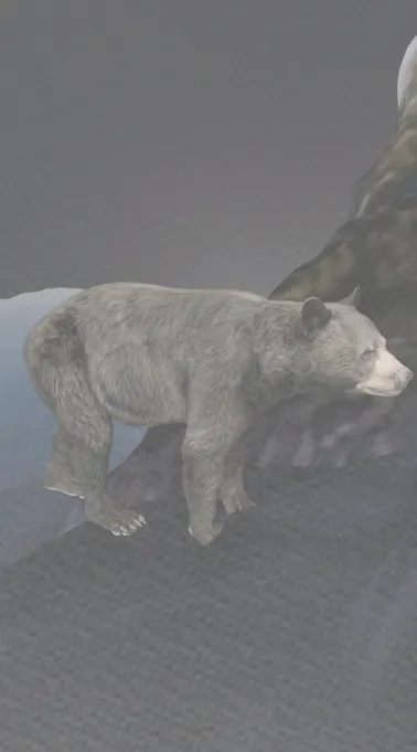 A rendered black bear standing on a rocky slope.