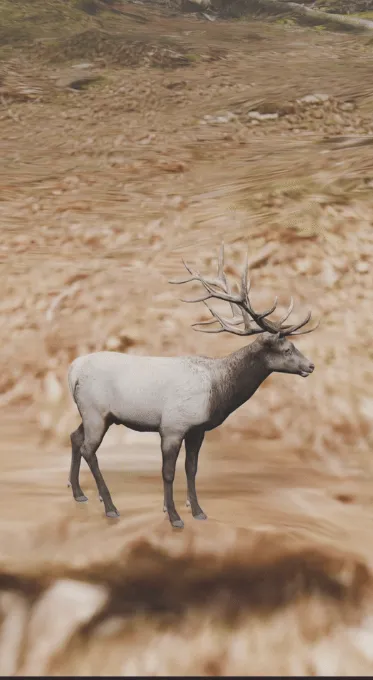 A rendered stag with wide antlers standing on a dusty, rocky hillside.