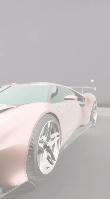 A rendered Ferrari, close on its front wheel, in soft grey fog.