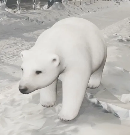 A rendered polar bear walking across snow.